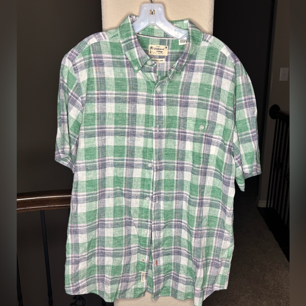 Weatherproof Vintage Green Plaid Linen and Cotton Shirt